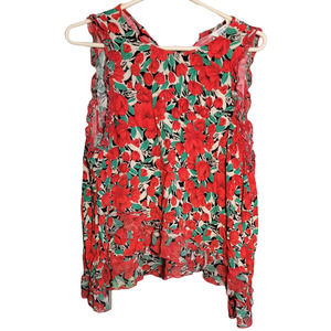 Zara Red Floral Long-Sleeves Cut Off Shoulder Ruffled Blouse Top Size Small